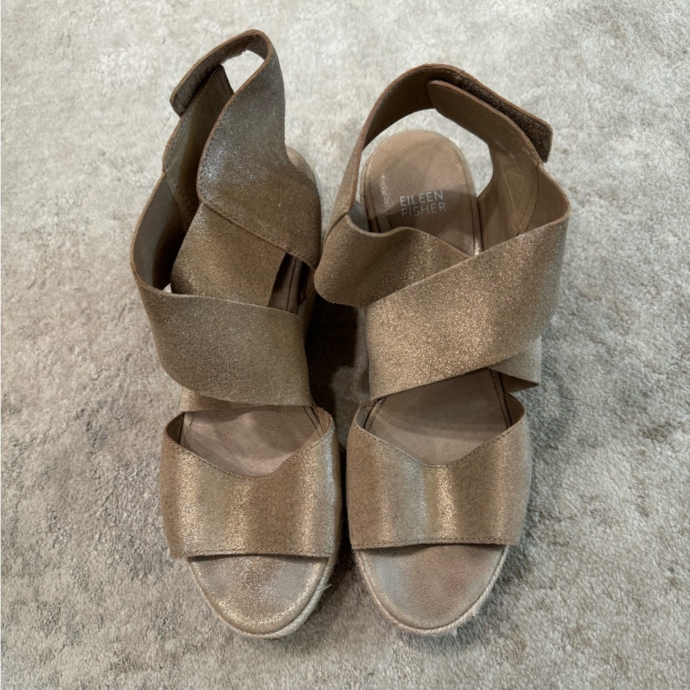 Eileen Fisher wedges. Hardly worn. Size 9 1/2. Soft gold metallic
